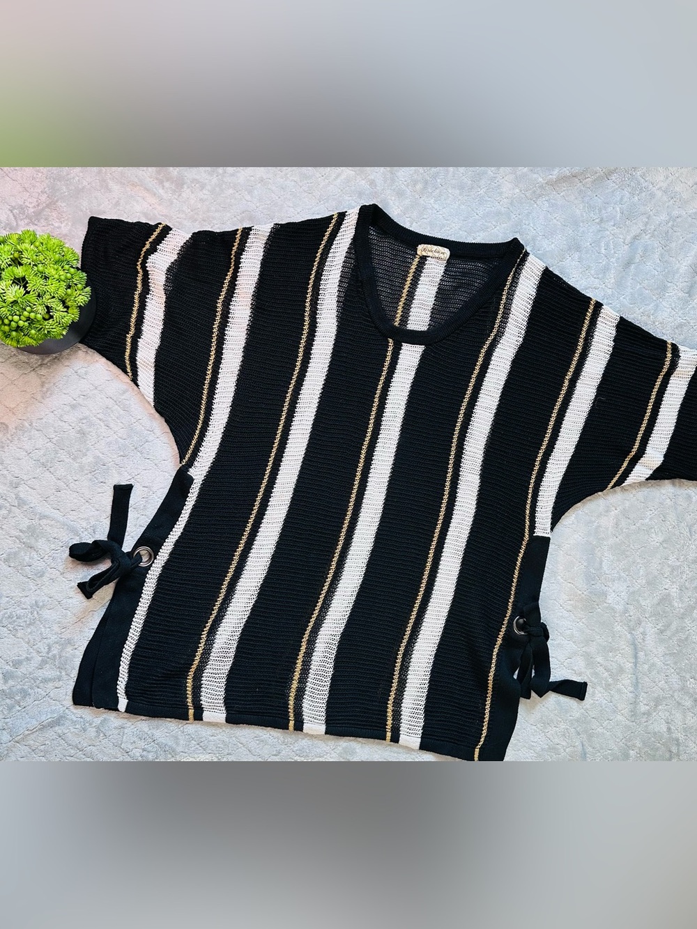 Brioche Striped Open Knit Side Tie Top Black White Gold Oversized Boho